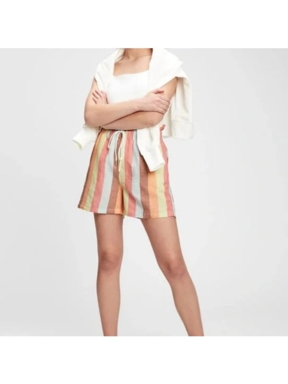 GAP 4" Paperbag Shorts XL Pull-On Stripe Drawstring Linen Blend Chic Orange